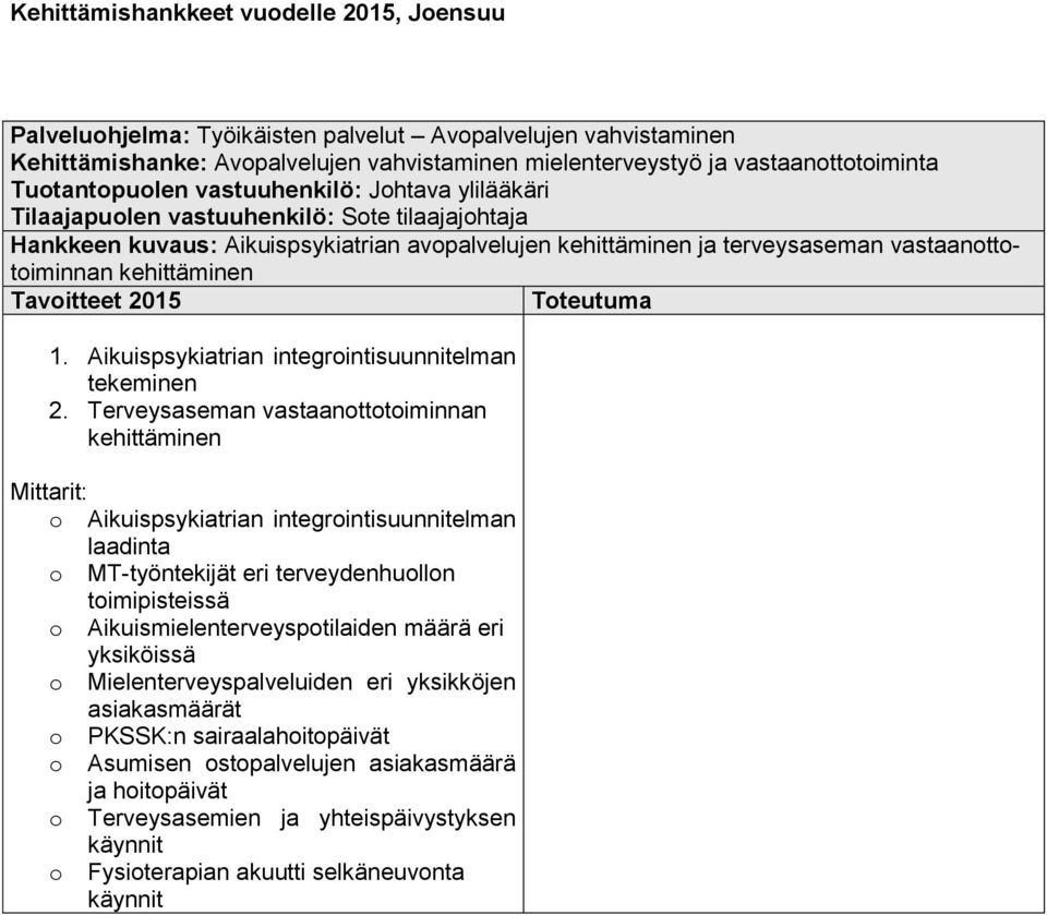 Terveysaseman vastaanottotoiminnan o Aikuispsykiatrian integrointisuunnitelman laadinta o MT-työntekijät eri terveydenhuollon toimipisteissä o Aikuismielenterveyspotilaiden määrä eri yksiköissä o