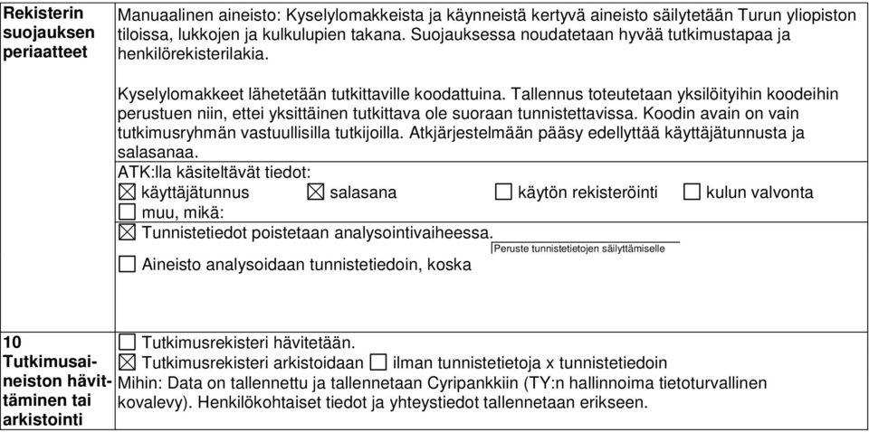 Tallennus toteutetaan yksilöityihin koodeihin perustuen niin, ettei yksittäinen tutkittava ole suoraan tunnistettavissa. Koodin avain on vain tutkimusryhmän vastuullisilla tutkijoilla.