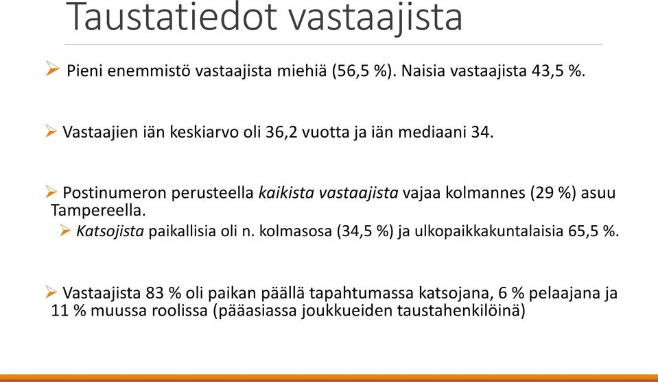 Postinumeron perusteella kaikista vastaajista vajaa kolmannes (29 %) asuu Tampereella. Katsojista paikallisia oli n.