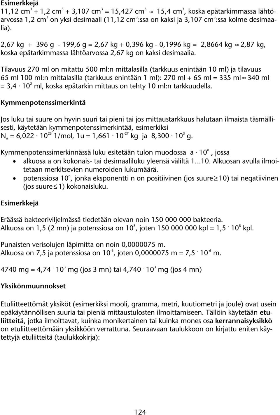 Tilavuus 270 ml on mitattu 500 ml:n mittalasilla (tarkkuus enintään 0 ml) ja tilavuus 65 ml 00 ml:n mittalasilla (tarkkuus enintään ml): 270 ml + 65 ml = 335 ml 340 ml = 3,4 0 2 ml, koska epätarkin