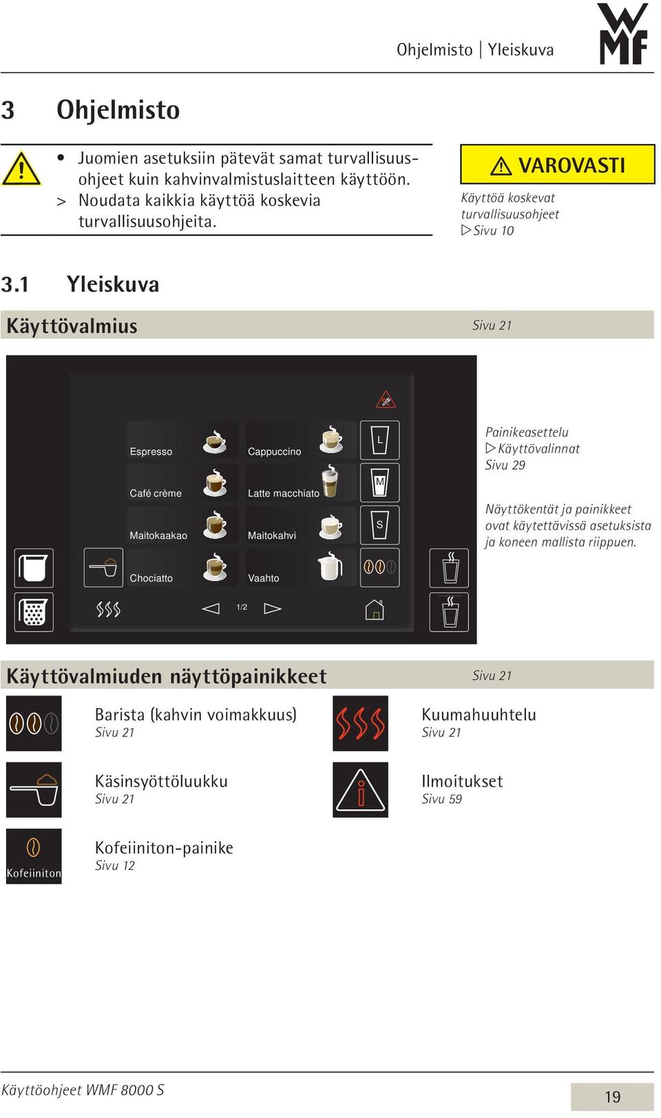 1 Yleiskuva Käyttövalmius Sivu 21 Espresso Café crème Maitokaakao Cappuccino Latte macchiato Maitokahvi L M S Painikeasettelu w Käyttövalinnat Sivu 29 Näyttökentät ja