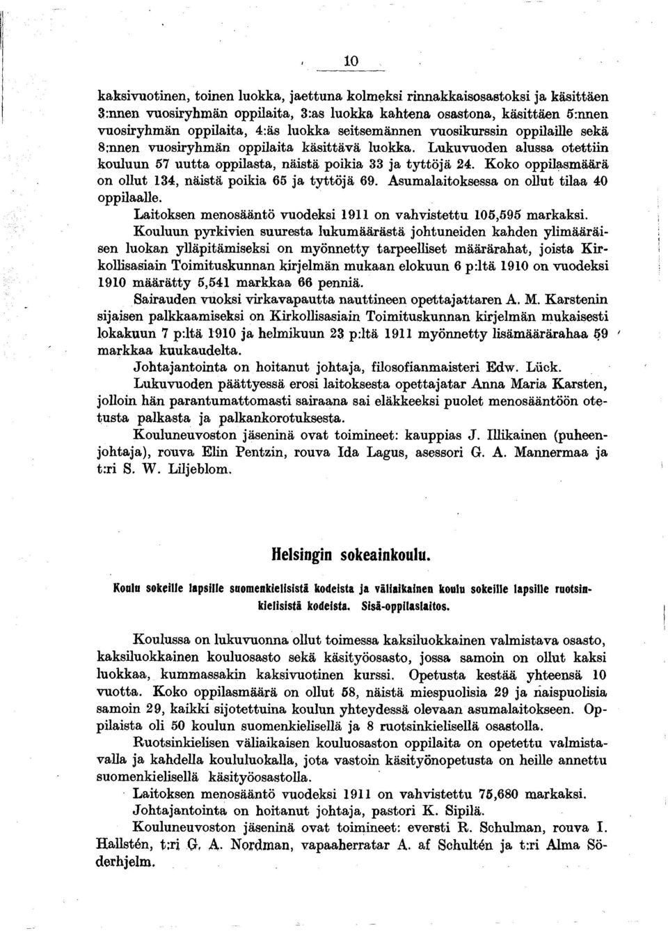 Koko oppilasmäärä on ollut 134, näistä poikia 65 ja tyttöjä 69. Asumalaitoksessa on ollut tilaa 40 oppilaalle. Laitoksen menosääntö vuodeksi 1911 on vahvistettu 105,595 markaksi.