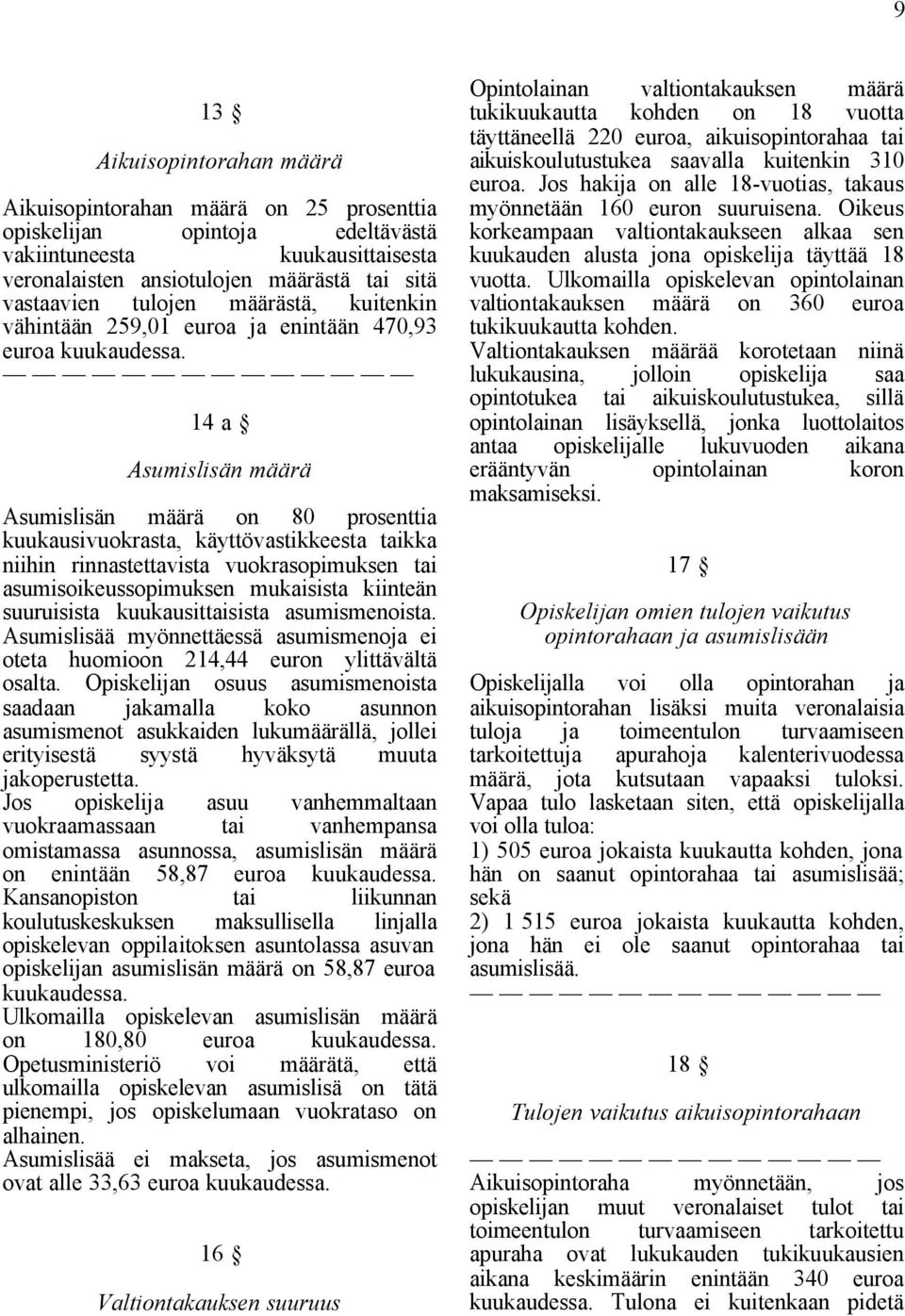 14 a Asumislisän määrä Asumislisän määrä on 80 prosenttia kuukausivuokrasta, käyttövastikkeesta taikka niihin rinnastettavista vuokrasopimuksen tai asumisoikeussopimuksen mukaisista kiinteän