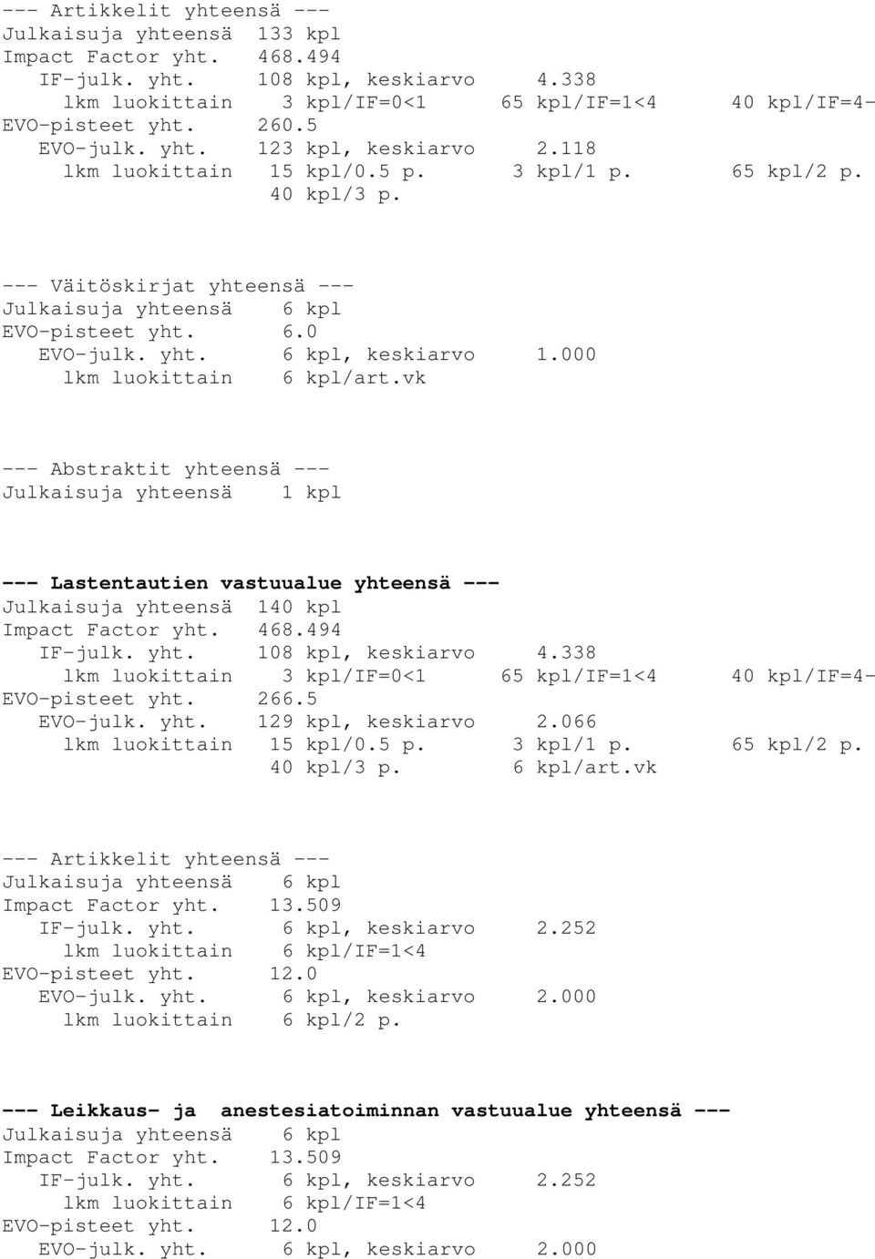 vk --- Lastentautien vastuualue yhteensä --- Julkaisuja yhteensä 140 kpl Impact Factor yht. 468.494 IF-julk. yht. 108 kpl, keskiarvo 4.