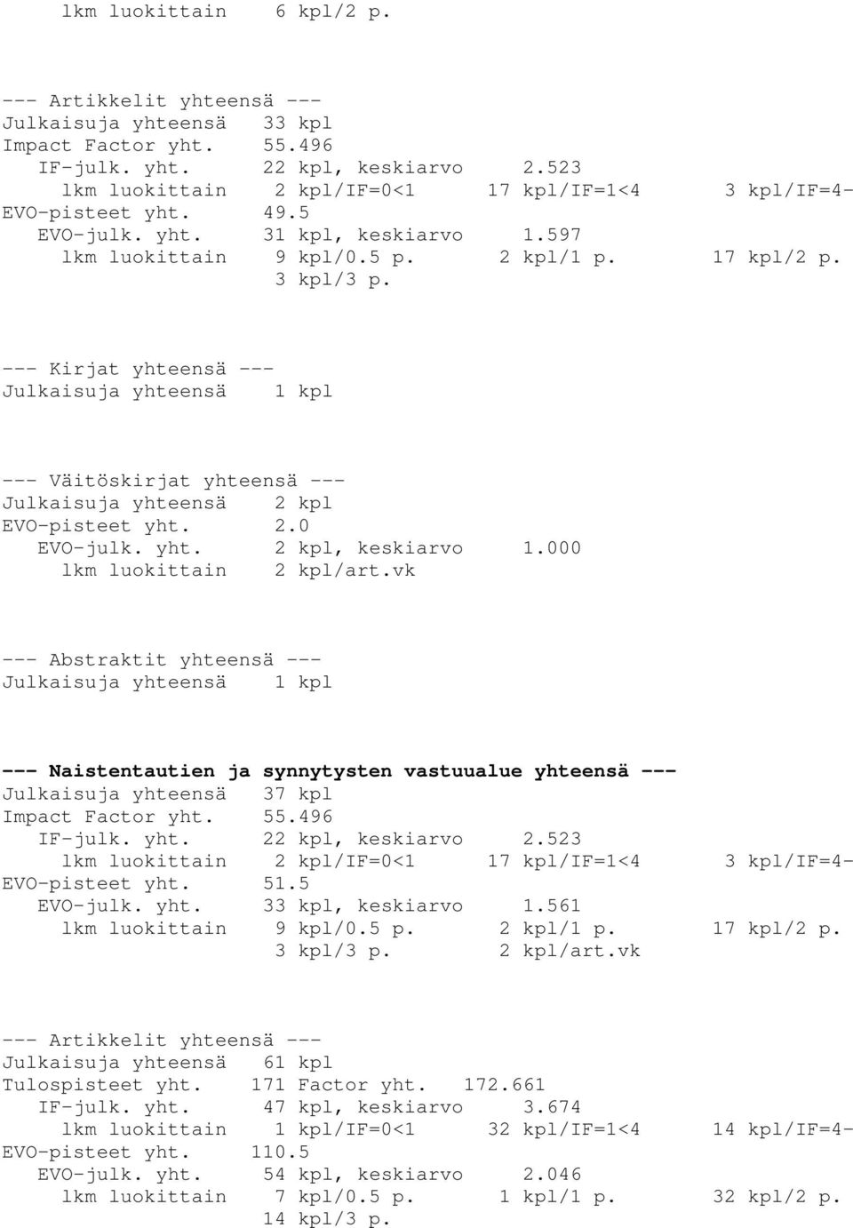 000 lkm luokittain 2 kpl/art.vk --- Naistentautien ja synnytysten vastuualue yhteensä --- Julkaisuja yhteensä 37 kpl Impact Factor yht. 55.496 IF-julk. yht. 22 kpl, keskiarvo 2.