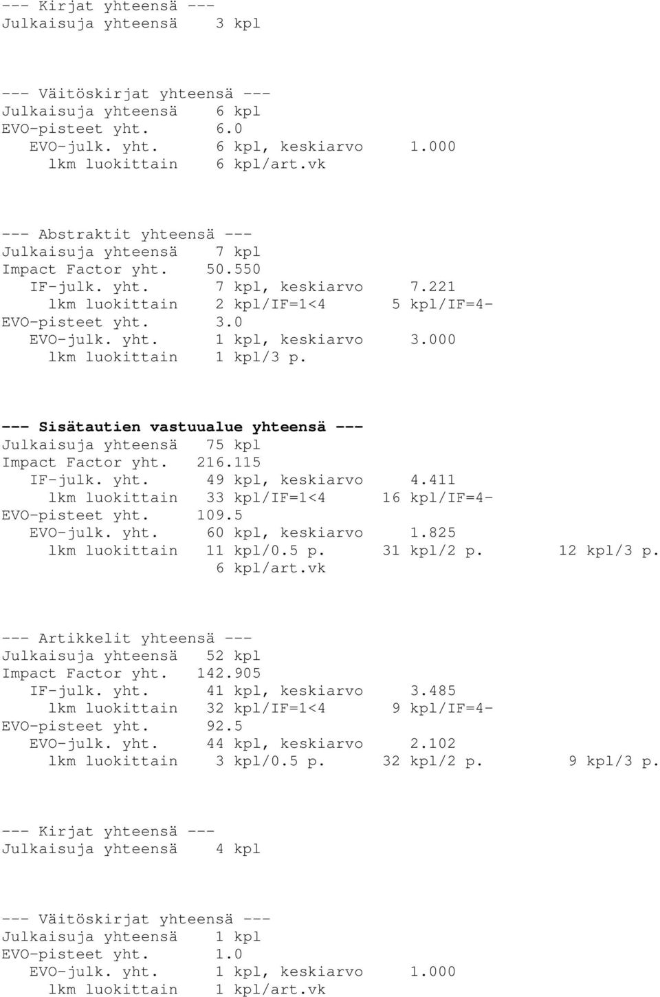 --- Sisätautien vastuualue yhteensä --- Julkaisuja yhteensä 75 kpl Impact Factor yht. 216.115 IF-julk. yht. 49 kpl, keskiarvo 4.411 lkm luokittain 33 kpl/if=1<4 16 kpl/if=4- EVO-pisteet yht. 109.