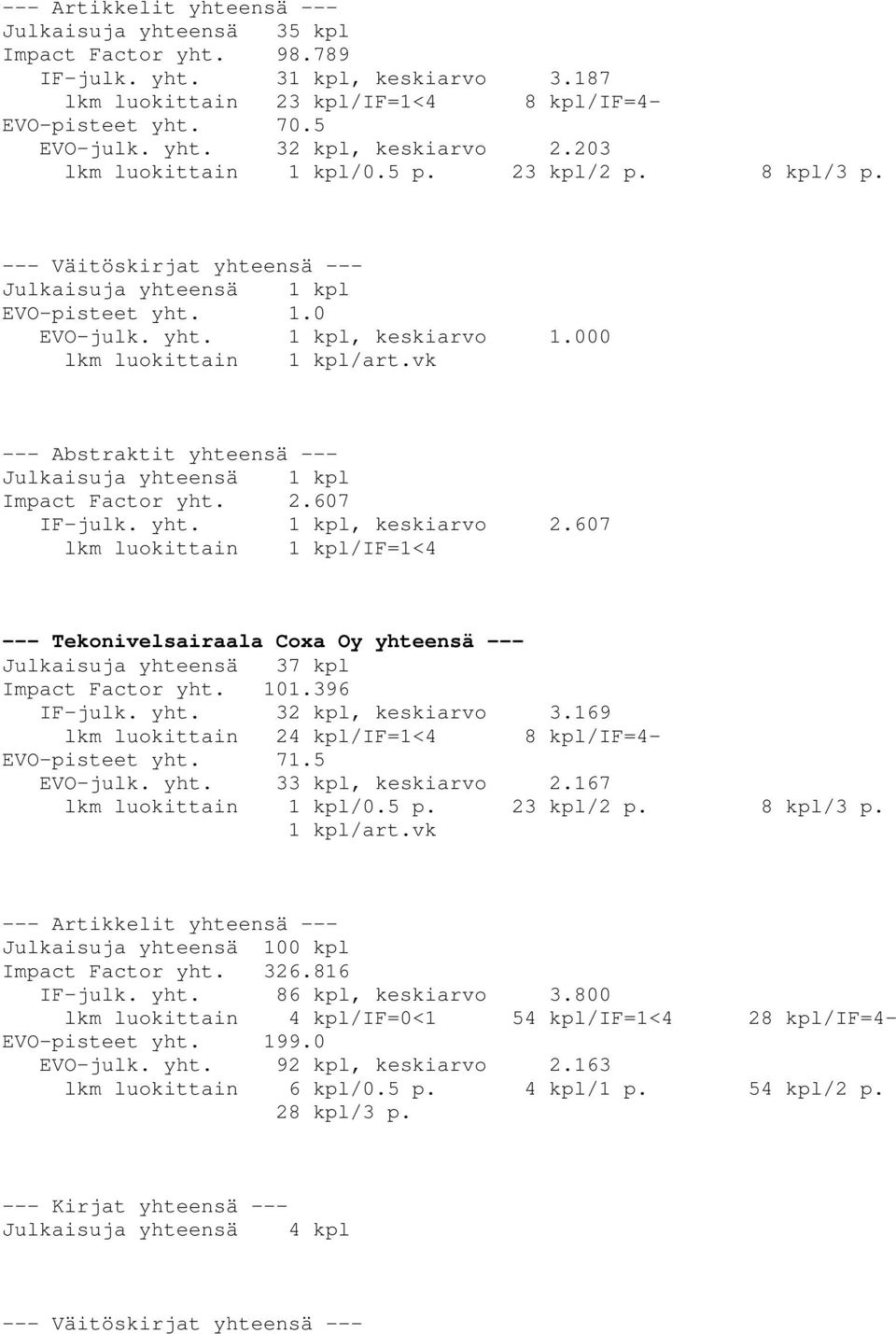 607 lkm luokittain 1 kpl/if=1<4 --- Tekonivelsairaala Coxa Oy yhteensä --- Julkaisuja yhteensä 37 kpl Impact Factor yht. 101.396 IF-julk. yht. 32 kpl, keskiarvo 3.