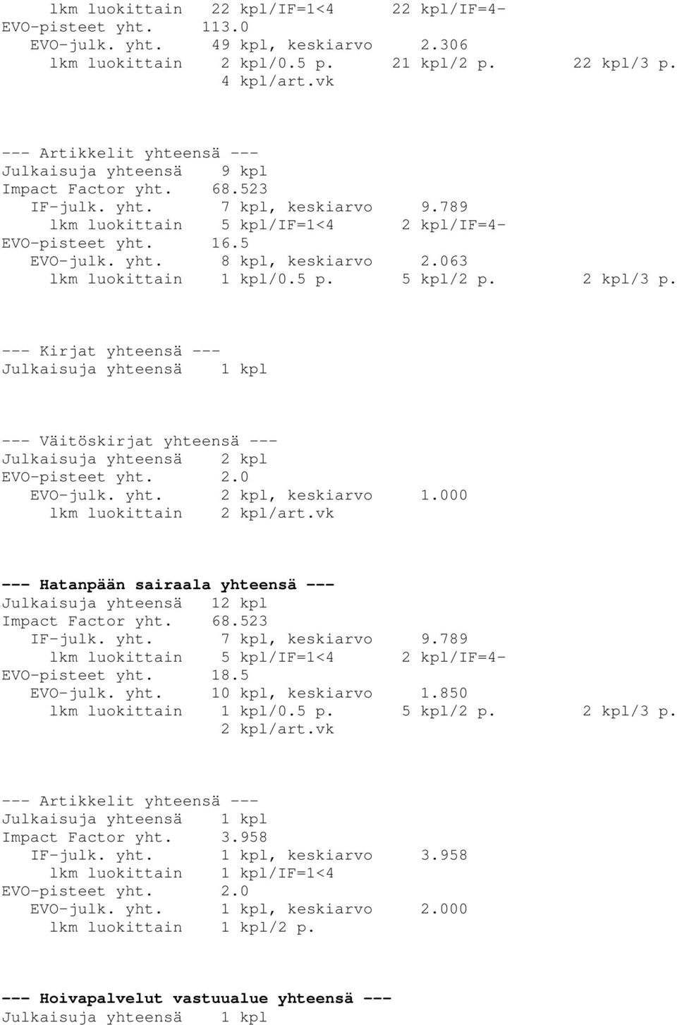 063 lkm luokittain 1 kpl/0.5 p. 5 kpl/2 p. 2 kpl/3 p. Julkaisuja yhteensä 2 kpl EVO-pisteet yht. 2.0 EVO-julk. yht. 2 kpl, keskiarvo 1.000 lkm luokittain 2 kpl/art.