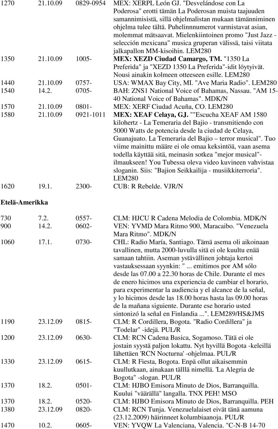 09 1005- MEX: XEZD Ciudad Camargo, TM. "1350 La Preferida" ja "XEZD 1350 La Preferida"-idit löytyivät. Nousi ainakin kolmeen otteeseen esille. 1440 21.10.09 0757- USA: WMAX Bay City, MI.