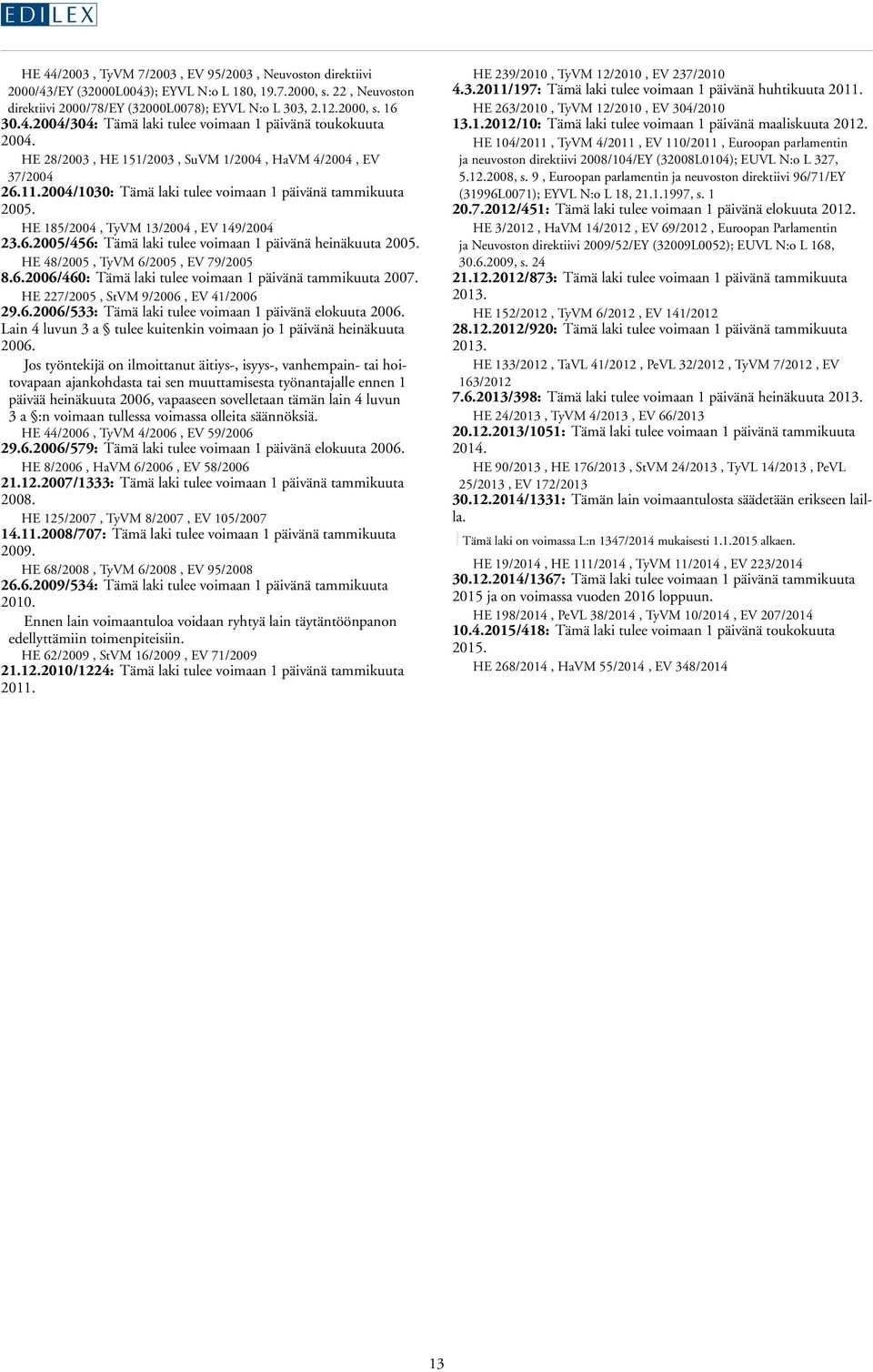 HE 185/2004, TyVM 13/2004, EV 149/2004 23.6.2005/456: Tämä laki tulee voimaan 1 päivänä heinäkuuta 2005. HE 48/2005, TyVM 6/2005, EV 79/2005 8.6.2006/460: Tämä laki tulee voimaan 1 päivänä tammikuuta 2007.