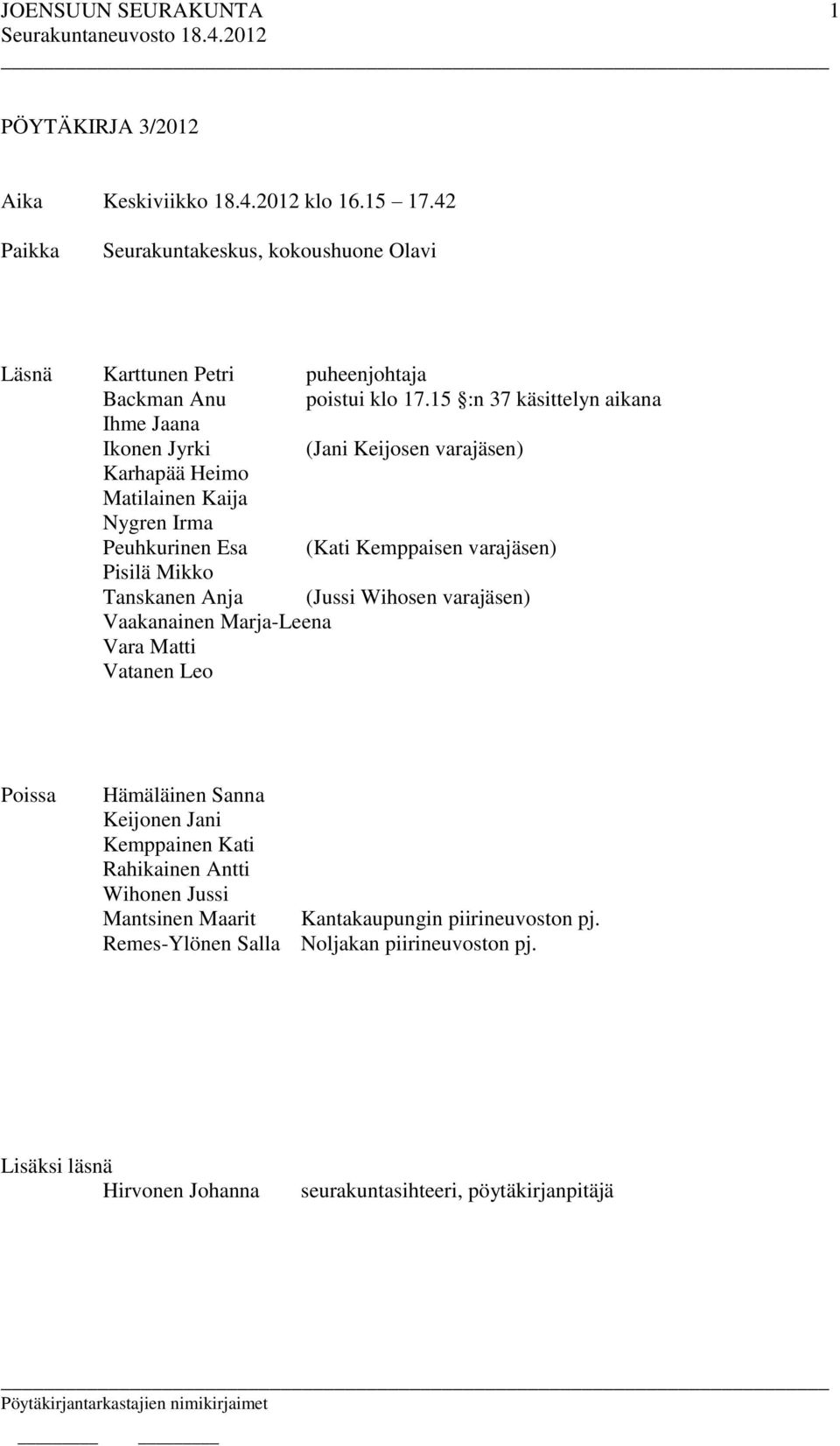 Mikko Tanskanen Anja (Jussi Wihosen varajäsen) Vaakanainen Marja-Leena Vara Matti Vatanen Leo Poissa Hämäläinen Sanna Keijonen Jani Kemppainen Kati Rahikainen Antti