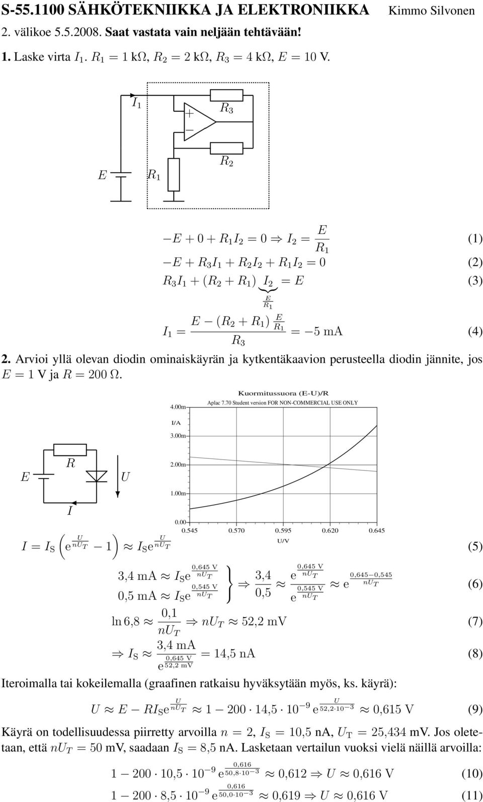 Arvioi yllä olevan diodin ominaiskäyrän ja kykenäkaavi peruseella diodin jännie, jos = 1 V ja = 200 Ω. Kuormiussuora (-U)/ Aplac 7.70 Suden versi FO NON-COMMCIA US ONY U I 0.