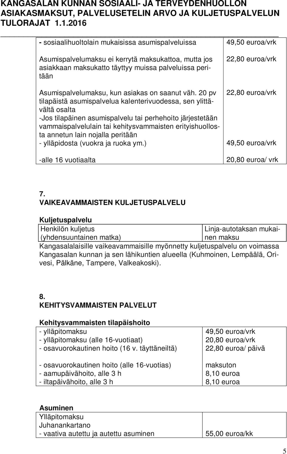 20 pv tilapäistä asumispalvelua kalenterivuodessa, sen ylittävältä osalta -Jos tilapäinen asumispalvelu tai perhehoito järjestetään vammaispalvelulain tai kehitysvammaisten erityishuollosta annetun