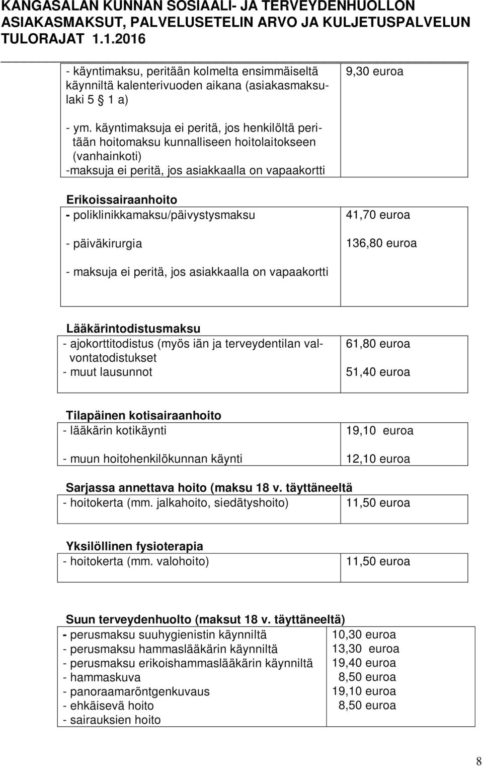 poliklinikkamaksu/päivystysmaksu - päiväkirurgia 41,70 euroa 136,80 euroa - maksuja ei peritä, jos asiakkaalla on vapaakortti Lääkärintodistusmaksu - ajokorttitodistus (myös iän ja terveydentilan