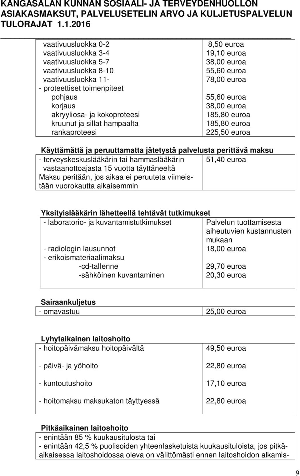 perittävä maksu - terveyskeskuslääkärin tai hammaslääkärin 51,40 euroa vastaanottoajasta 15 vuotta täyttäneeltä Maksu peritään, jos aikaa ei peruuteta viimeistään vuorokautta aikaisemmin