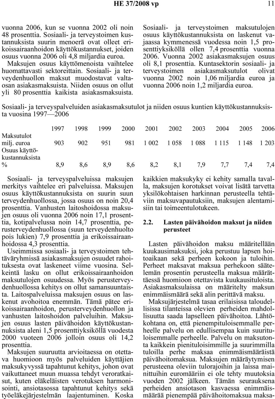 Maksujen osuus käyttömenoista vaihtelee huomattavasti sektoreittain. Sosiaali- ja terveydenhuollon maksut muodostavat valtaosan asiakasmaksuista.