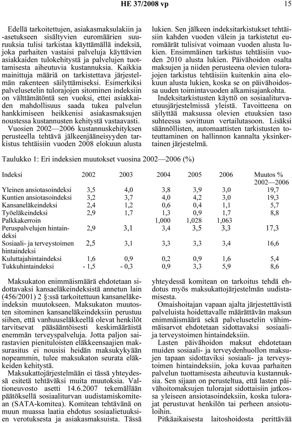 Esimerkiksi palvelusetelin tulorajojen sitominen indeksiin on välttämätöntä sen vuoksi, ettei asiakkaiden mahdollisuus saada tukea palvelun hankkimiseen heikkenisi asiakasmaksujen noustessa