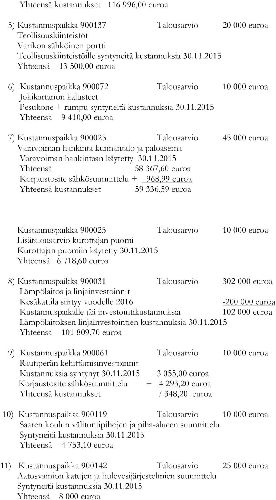 Korjaustosite sähkösuunnittelu + 968,99 euroa 59 336,59 euroa Kustannuspaikka 900025 Talousarvio 10 000 euroa Lisätalousarvio kurottajan puomi Kurottajan puomiin käytetty 30.11.