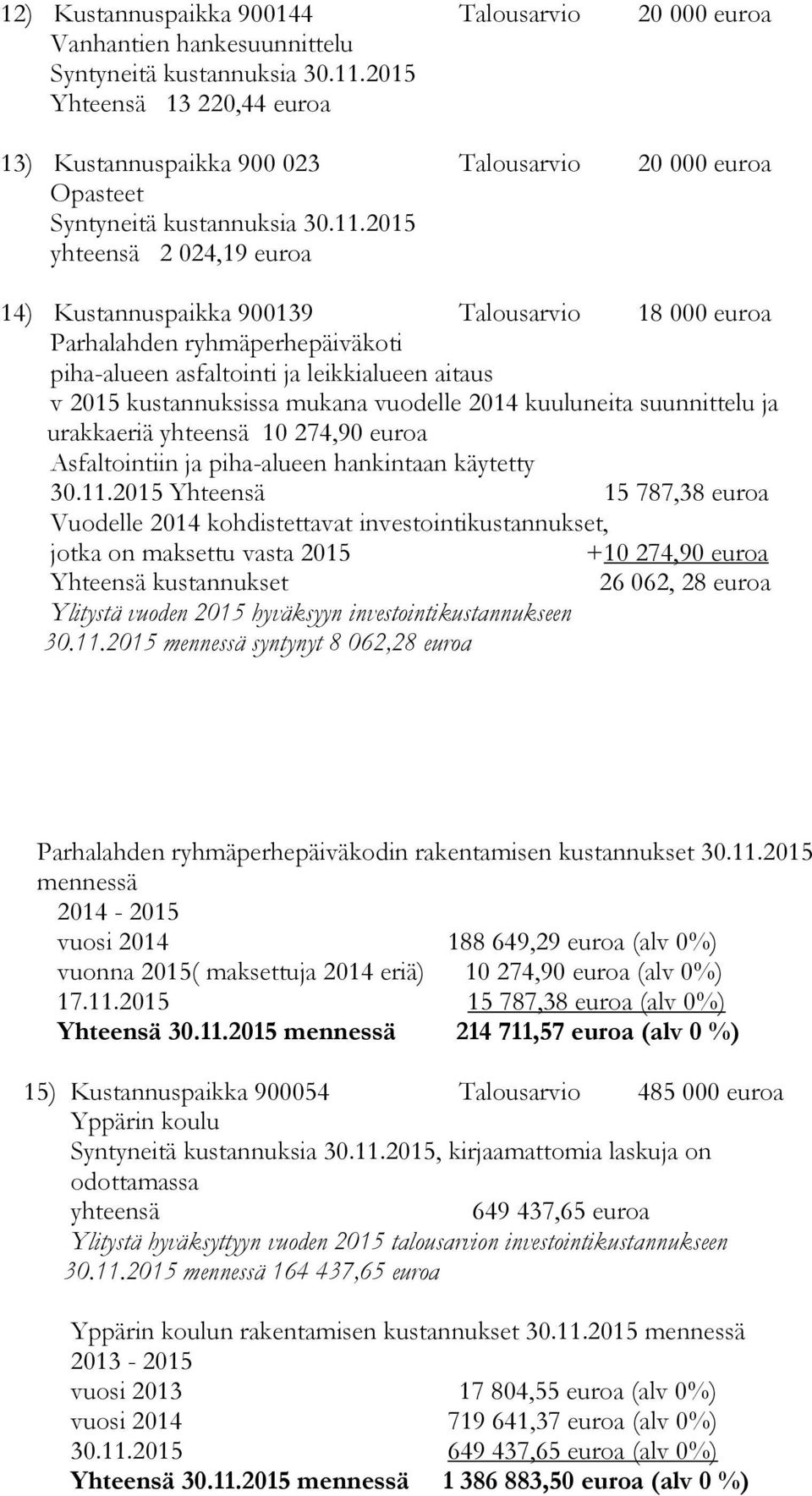 urakkaeriä 10 274,90 euroa Asfaltointiin ja piha-alueen hankintaan käytetty 30.11.