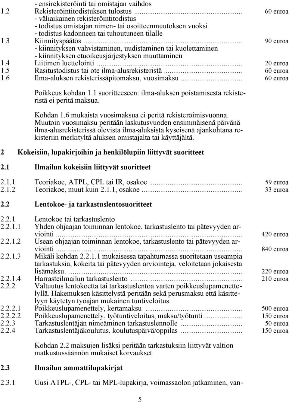 .. 90 euroa - kiinnityksen vahvistaminen, uudistaminen tai kuolettaminen - kiinnityksen etuoikeusjärjestyksen muuttaminen 1.4 Liitimen luettelointi... 20 euroa 1.