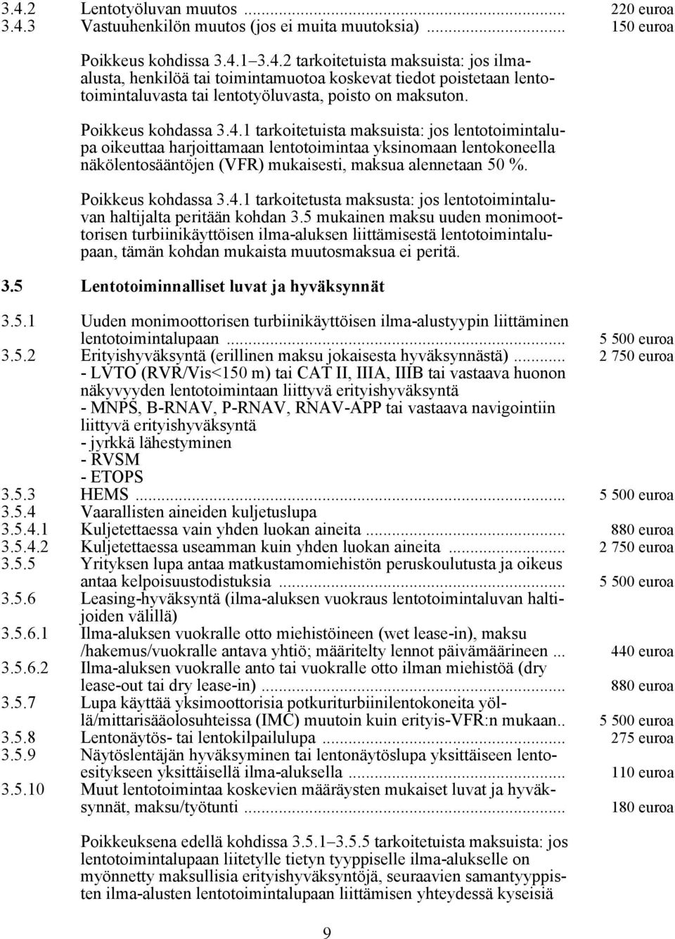 Poikkeus kohdassa 3.4.1 tarkoitetusta maksusta: jos lentotoimintaluvan haltijalta peritään kohdan 3.