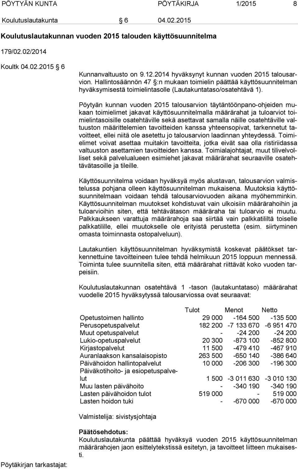 Pöytyän kunnan vuoden 2015 talousarvion täytäntöönpano-ohjeiden mukaan toimielimet jakavat käyttösuunnitelmalla määrärahat ja tuloarviot toimi elin ta soi sil le osatehtäville sekä asettavat samalla