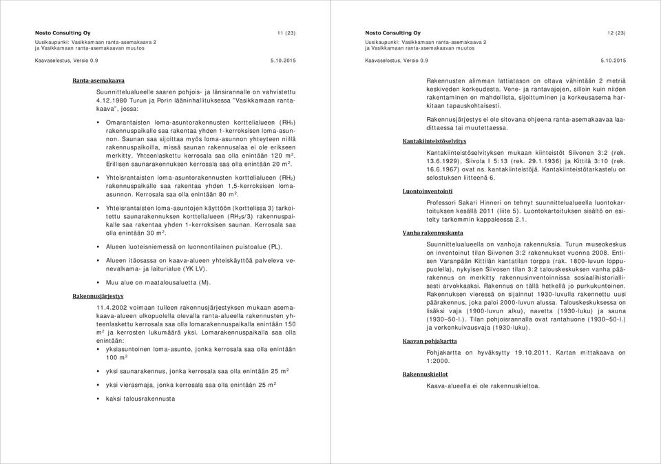 1980 Turun ja Porin lääninhallituksessa Vasikkamaan rantakaava, jossa: Omarantaisten loma-asuntorakennusten korttelialueen (RH 1) rakennuspaikalle saa rakentaa yhden 1-kerroksisen loma-asunnon.