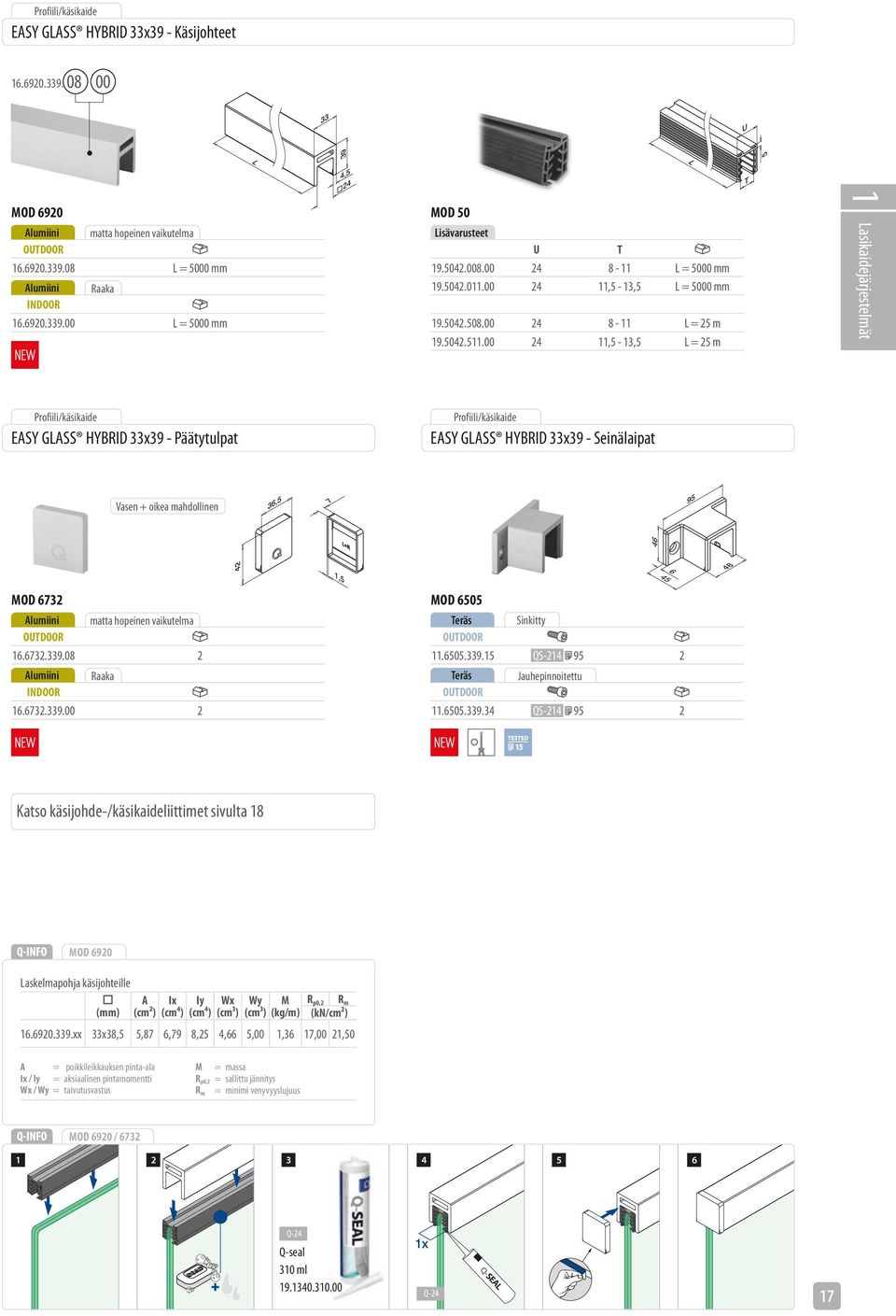 00 24 11,5-13,5 L = 25 m L T 5 1 Lasikaidejärjestelmät Profiili/käsikaide EASY GLASS HYBRID 33x39 - Päätytulpat Profiili/käsikaide EASY GLASS HYBRID 33x39 - Seinälaipat Vasen + oikea mahdollinen 36,5