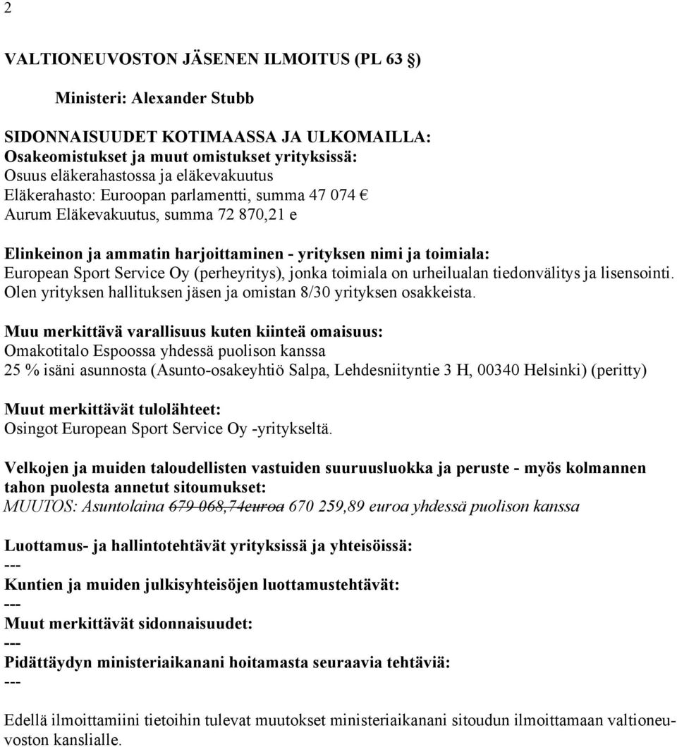 Omakotitalo Espoossa yhdessä puolison kanssa 25 % isäni asunnosta (Asuntoosakeyhtiö Salpa, Lehdesniityntie 3 H, 00340 Helsinki) (peritty) Osingot European Sport Service Oy yritykseltä.