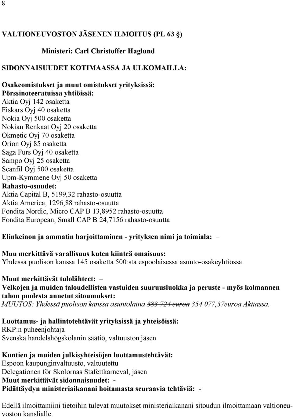 rahastoosuutta Fondita Nordic, Micro CAP B 13,8952 rahastoosuutta Fondita European, Small CAP B 24,7156 rahastoosuutta Elinkeinon ja ammatin harjoittaminen yrityksen nimi ja toimiala: Yhdessä