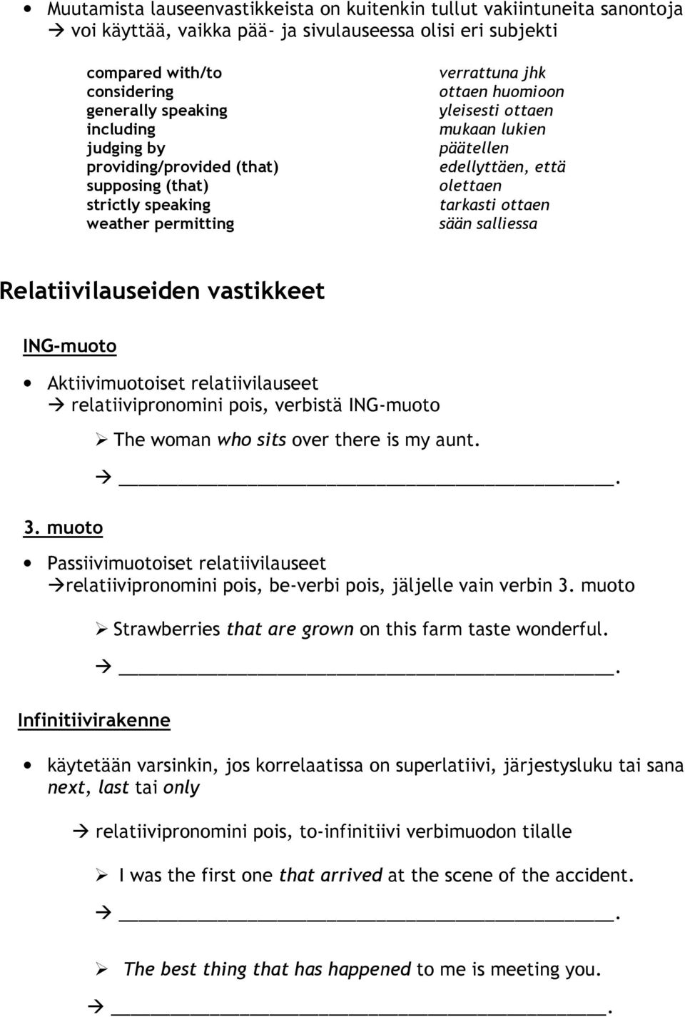 ottaen sään salliessa Relatiivilauseiden vastikkeet ING-muoto Aktiivimuotoiset relatiivilauseet relatiivipronomini pois, verbistä ING-muoto 3. muoto The woman who sits over there is my aunt.