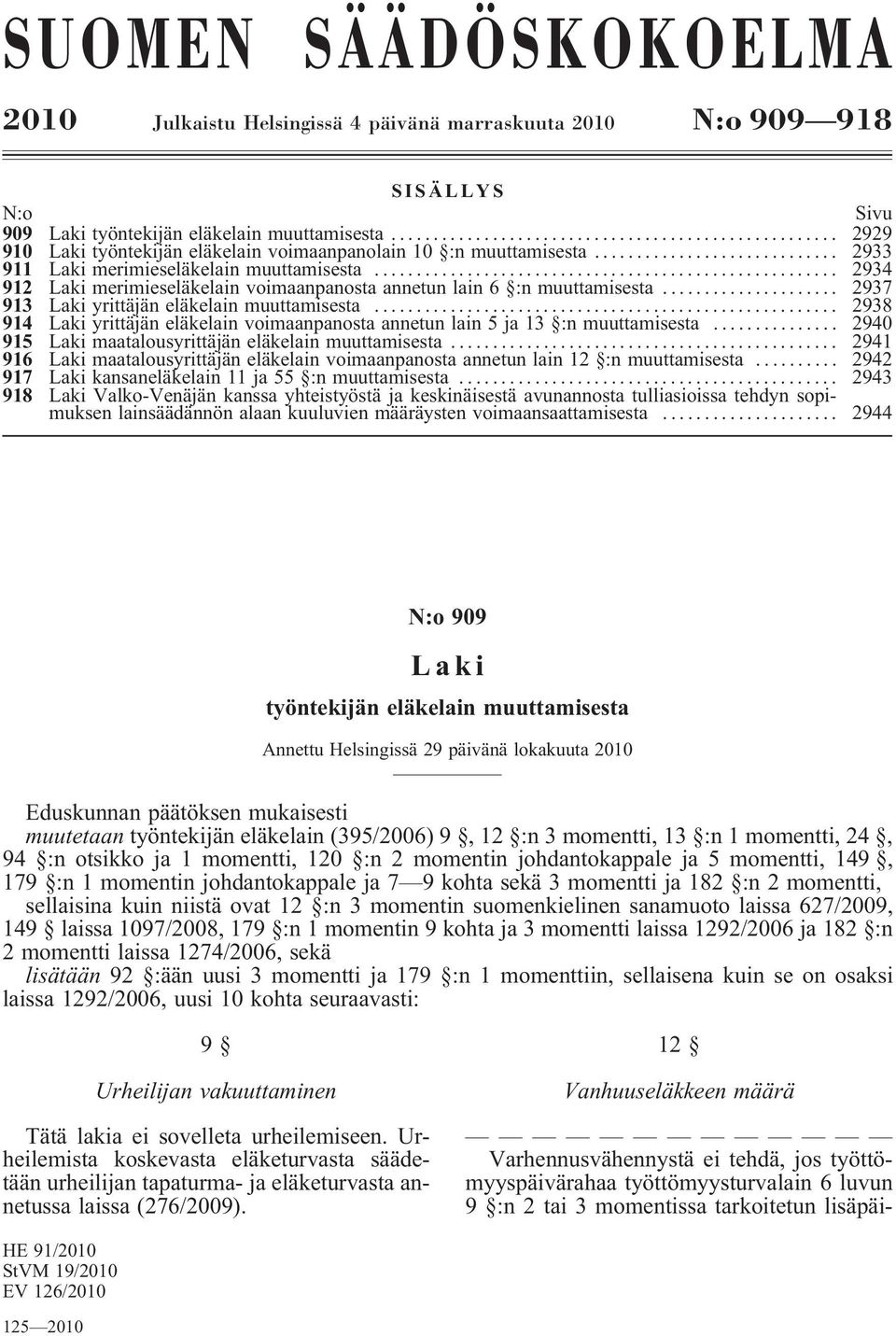 .. 2937 913 yrittäjän eläkelain muuttamisesta... 2938 914 yrittäjän eläkelain voimaanpanosta annetun lain 5 ja 13 :n muuttamisesta... 2940 915 maatalousyrittäjän eläkelain muuttamisesta.