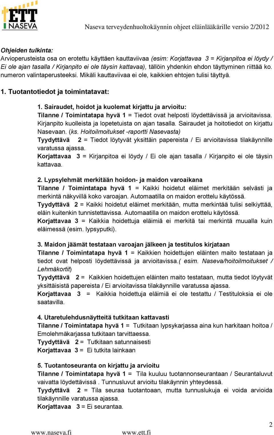 Sairaudet, hoidot ja kuolemat kirjattu ja arvioitu: Tilanne / Toimintatapa hyvä 1 = Tiedot ovat helposti löydettävissä ja arvioitavissa. Kirjanpito kuolleista ja lopetetuista on ajan tasalla.