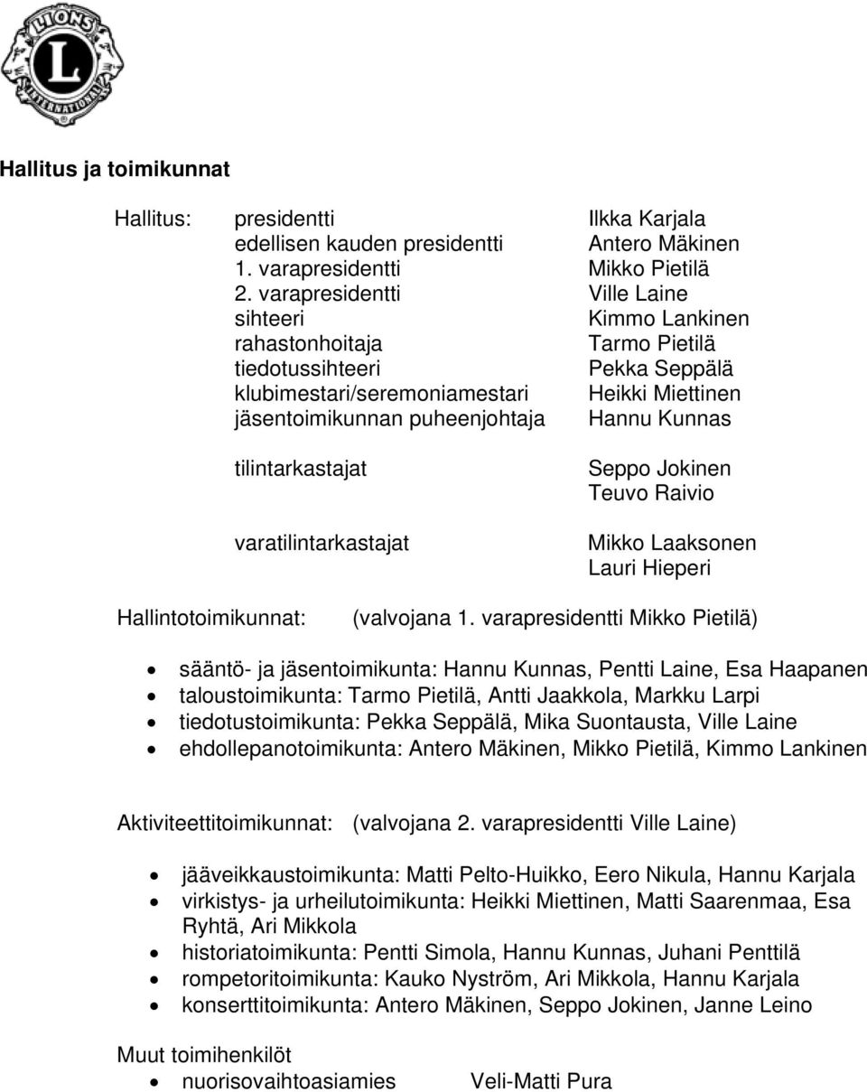 Kunnas tilintarkastajat varatilintarkastajat Seppo Jokinen Teuvo Raivio Mikko Laaksonen Lauri Hieperi Hallintotoimikunnat: (valvojana 1.
