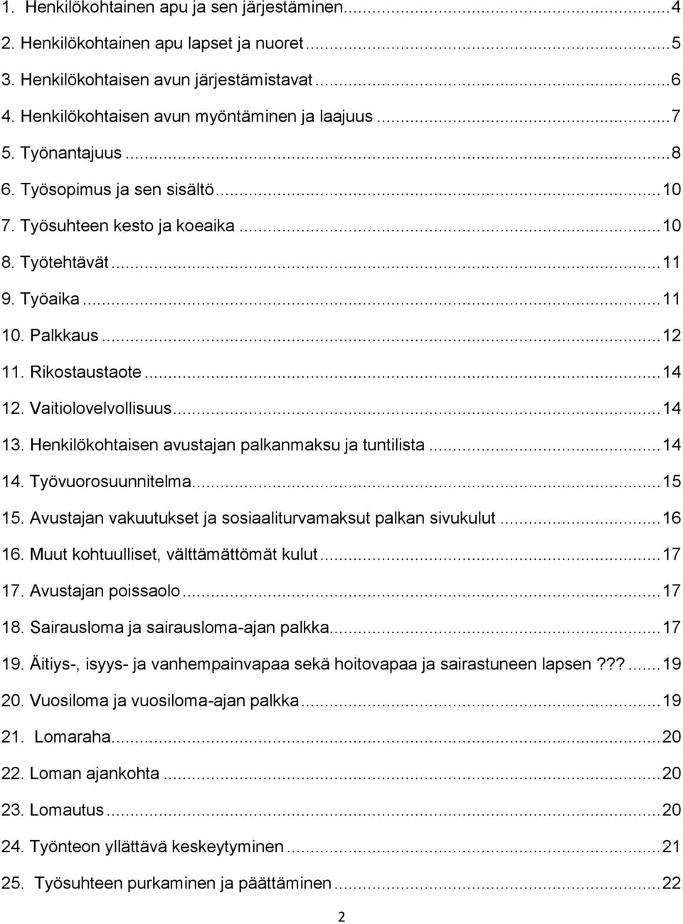 .. 14 13. Henkilökohtaisen avustajan palkanmaksu ja tuntilista... 14 14. Työvuorosuunnitelma... 15 15. Avustajan vakuutukset ja sosiaaliturvamaksut palkan sivukulut... 16 16.