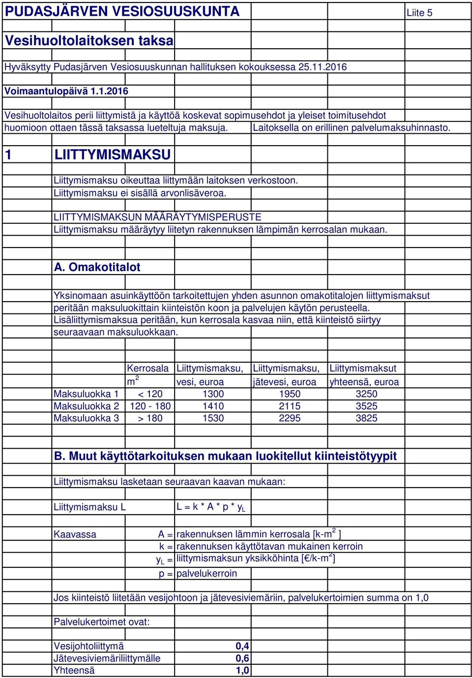 Laitoksella on erillinen palvelumaksuhinnasto. 1 LIITTYMISMAKSU Liittymismaksu oikeuttaa liittymään laitoksen verkostoon. Liittymismaksu ei sisällä arvonlisäveroa.