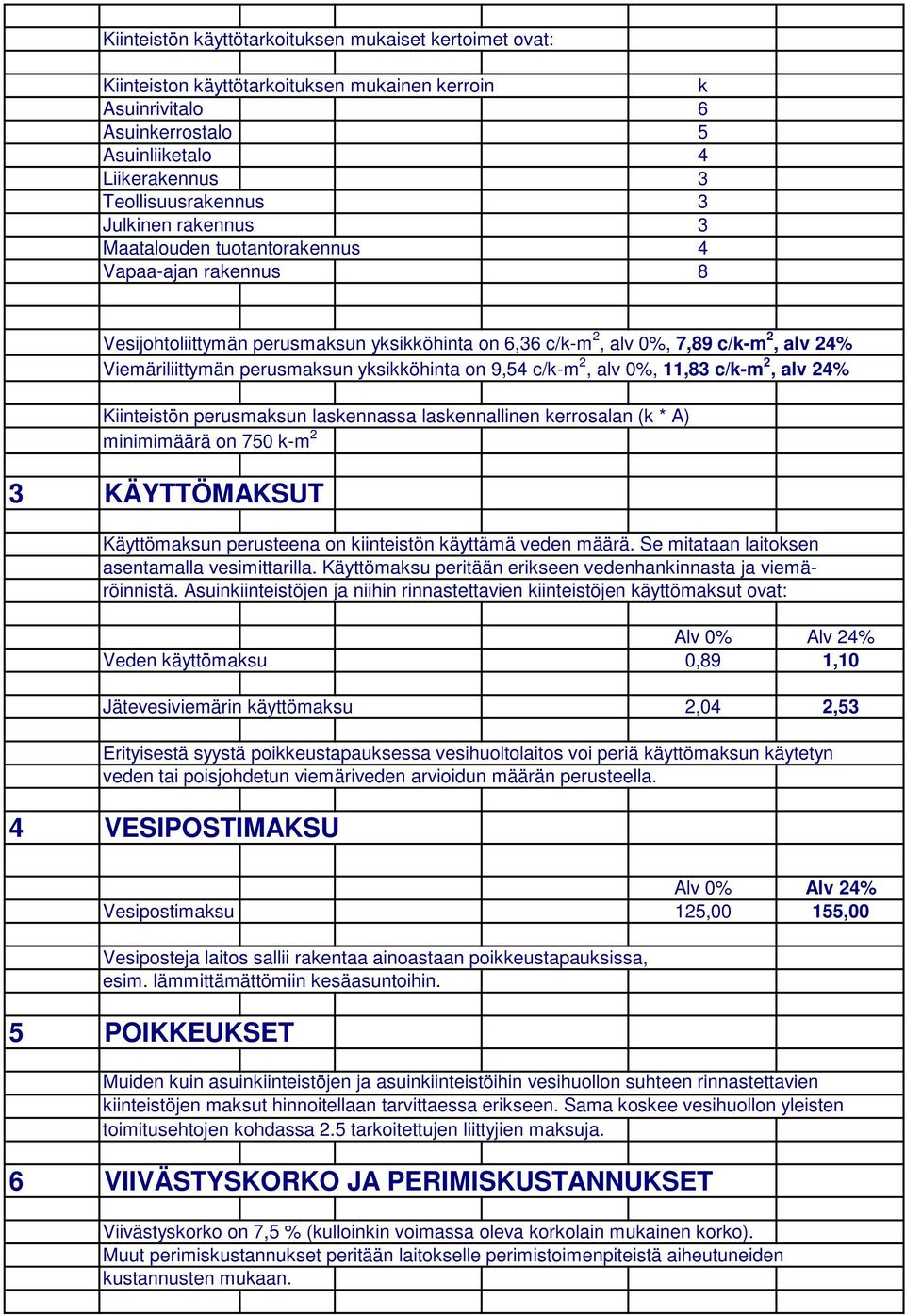 yksikköhinta on 9,5 c/k-m 2, alv 0%, 11,83 c/k-m 2, alv 2% Kiinteistön perusmaksun laskennassa laskennallinen kerrosalan (k * A) minimimäärä on 750 k-m 2 3 KÄYTTÖMAKSUT Käyttömaksun perusteena on