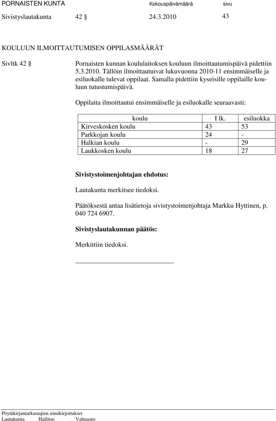 esiluokka Kirveskosken koulu 43 53 Parkkojan koulu 24 - Halkian koulu - 29 Laukkosken koulu 18 27 Sivistystoimenjohtajan ehdotus: Lautakunta merkitsee tiedoksi.