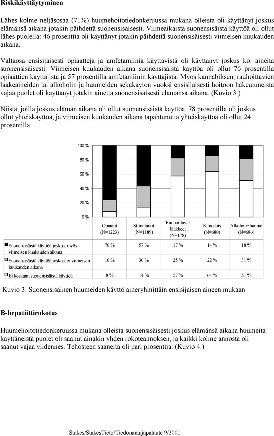 Valtaosa ensisijaisesti opiaatteja ja amfetamiinia käyttävistä oli käyttänyt joskus ko. aineita suonensisäisesti.