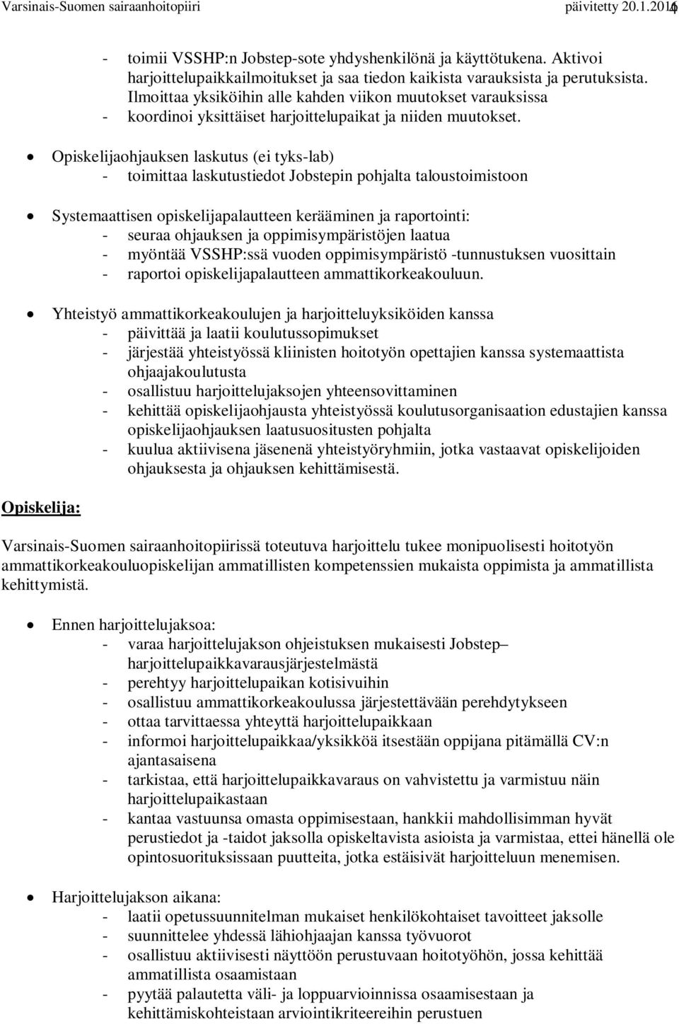 Ilmoittaa yksiköihin alle kahden viikon muutokset varauksissa - koordinoi yksittäiset harjoittelupaikat ja niiden muutokset.