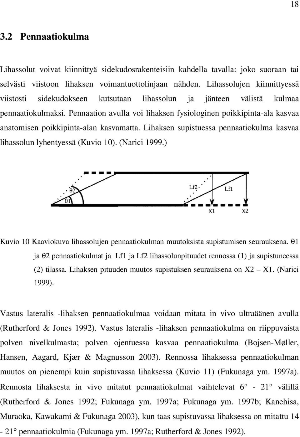 Pennaation avulla voi lihaksen fysiologinen poikkipinta-ala kasvaa anatomisen poikkipinta-alan kasvamatta. Lihaksen supistuessa pennaatiokulma kasvaa lihassolun lyhentyessä (Kuvio 10). (Narici 1999.