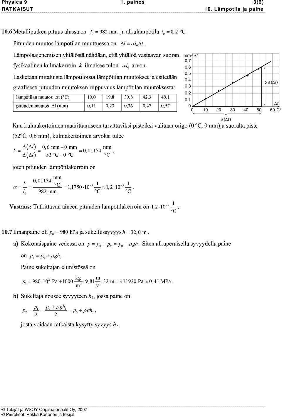 Lasetaan mitatuista lämpötiloista lämpötilan muutoset ja esitetään graafisesti pituuen muutosen riippuvuus lämpötilan muutosesta: lämpötilan muutos Δt (), 9,8 3,8 4,3 49, pituuen muutos Δl