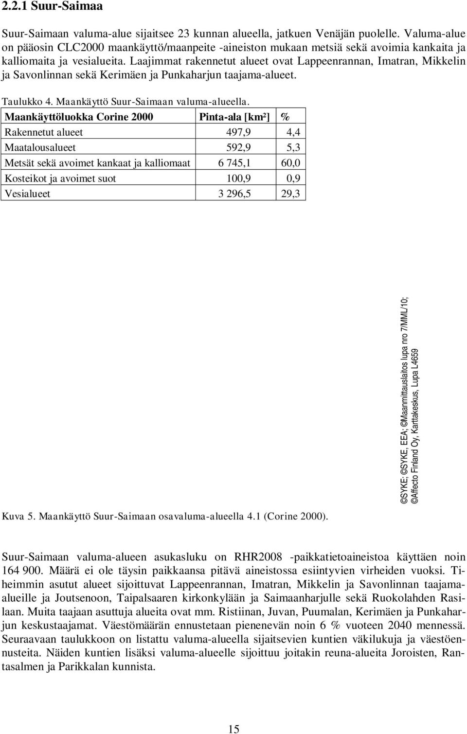 Laajimmat rakennetut alueet ovat Lappeenrannan, Imatran, Mikkelin ja Savonlinnan sekä Kerimäen ja Punkaharjun taajama-alueet. Taulukko 4. Maankäyttö Suur-Saimaan valuma-alueella.