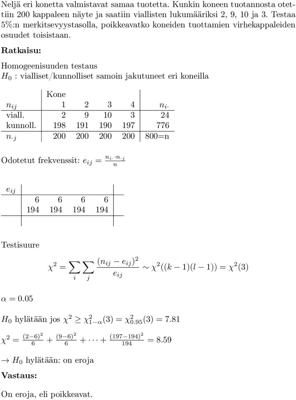 Homogeeisuude testaus H 0 : vialliset/kuolliset samoi jakutueet eri koeilla Koe ij 1 2 3 4 i viall. 2 9 10 3 24 kuoll.