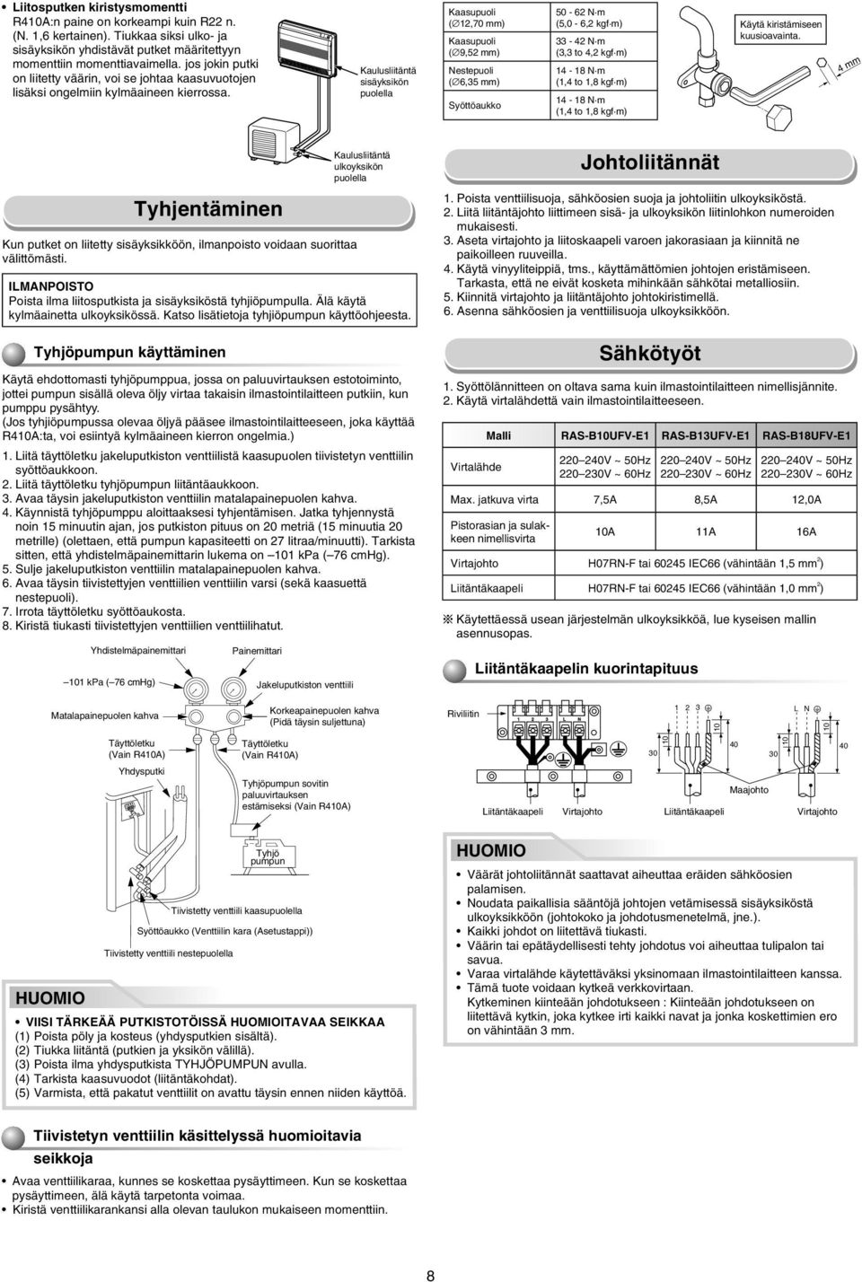 Kaulusliitäntä sisäyksikön puolella Kaasupuoli ( 12,70 mm) Kaasupuoli ( 9,52 mm) Nestepuoli ( 6,35 mm) Syöttöaukko 50-62 N m (5,0-6,2 kgf m) 33-42 N m (3,3 to 4,2 kgf m) 14-18 N m (1,4 to 1,8 kgf m)