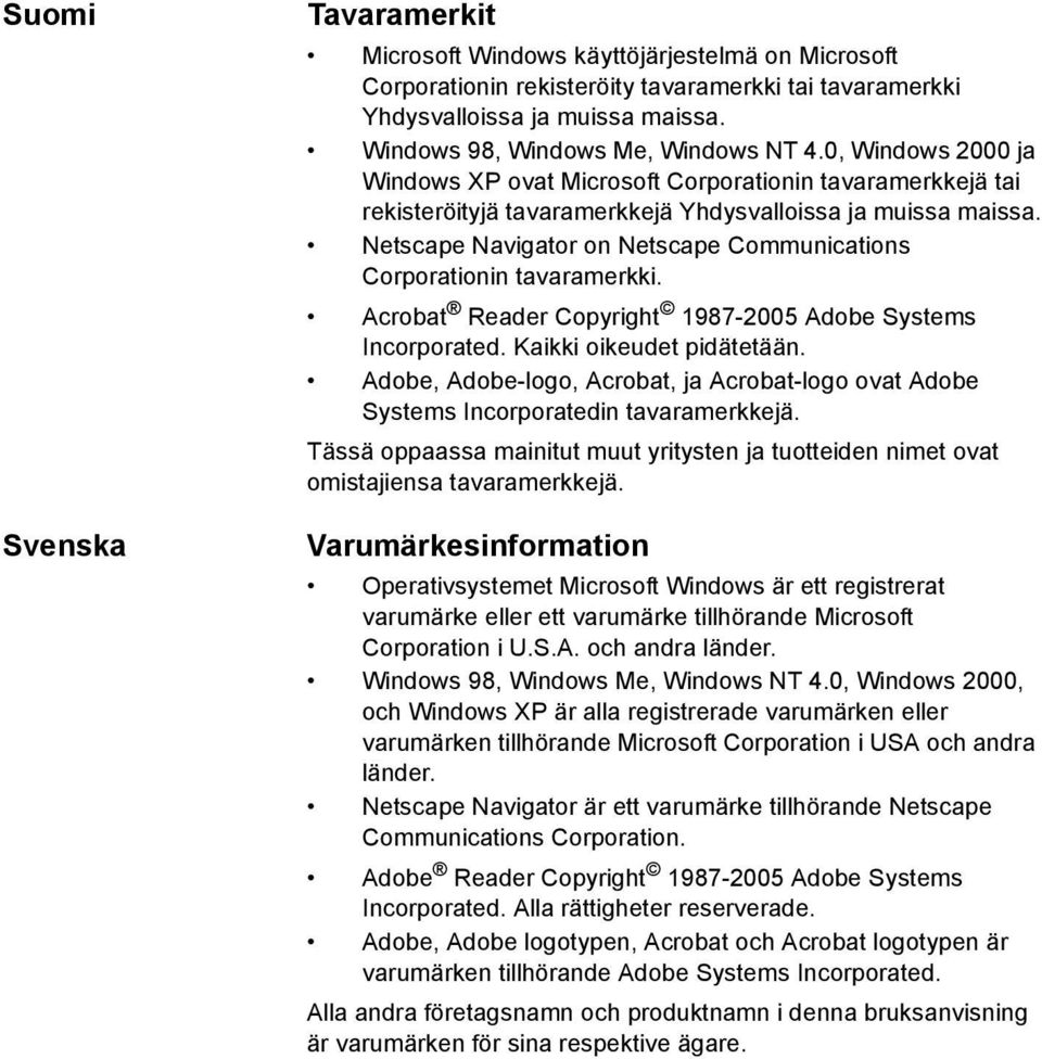 Netscape Navigator on Netscape Communications Corporationin tavaramerkki. Acrobat Reader Copyright 1987-2005 Adobe Systems Incorporated. Kaikki oikeudet pidätetään.