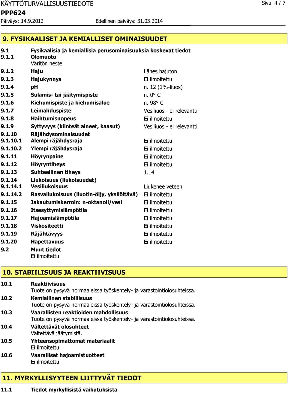 1.10 Räjähdysominaisuudet 9.1.10.1 Alempi räjähdysraja 9.1.10.2 Ylempi räjähdysraja 9.1.11 Höyrynpaine 9.1.12 Höyryntiheys 9.1.13 Suhteellinen tiheys 1.14 9.1.14 Liukoisuus (liukoisuudet) 9.1.14.1 Vesiliukoisuus Liukenee veteen 9.