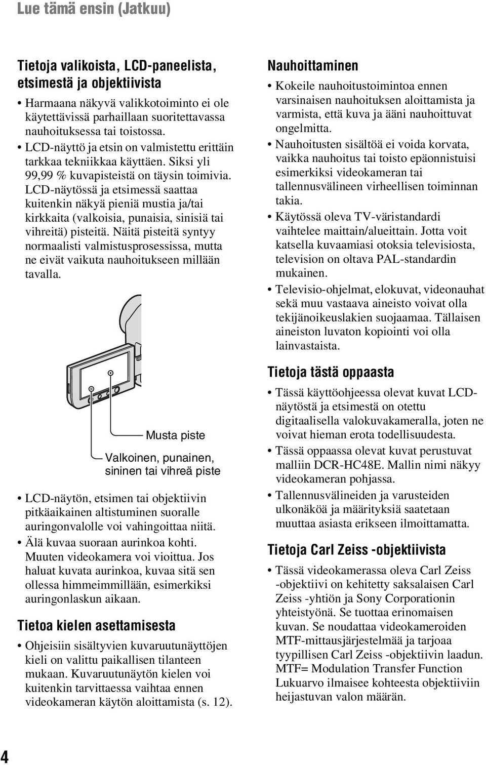 LCD-näytössä ja etsimessä saattaa kuitenkin näkyä pieniä mustia ja/tai kirkkaita (valkoisia, punaisia, sinisiä tai vihreitä) pisteitä.