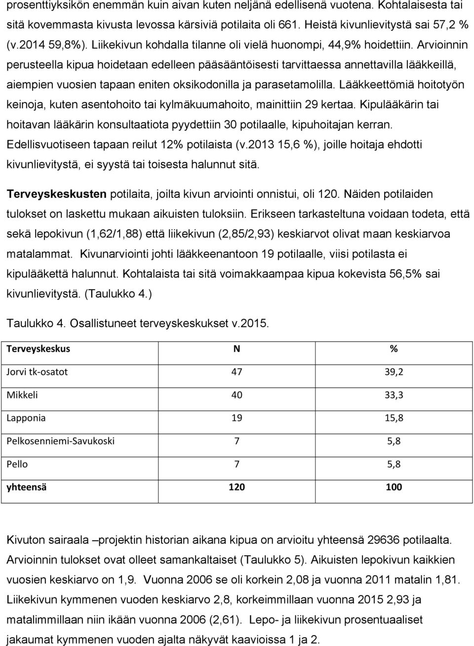 Arvioinnin perusteella kipua hoidetaan edelleen pääsääntöisesti tarvittaessa annettavilla lääkkeillä, aiempien vuosien tapaan eniten oksikodonilla ja parasetamolilla.