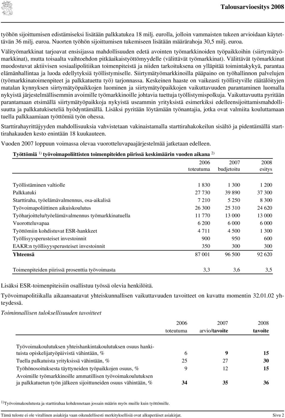 Välityömarkkinat tarjoavat ensisijassa mahdollisuuden edetä avointen työmarkkinoiden työpaikkoihin (siirtymätyömarkkinat), mutta toisaalta vaihtoehdon pitkäaikaistyöttömyydelle (välittävät